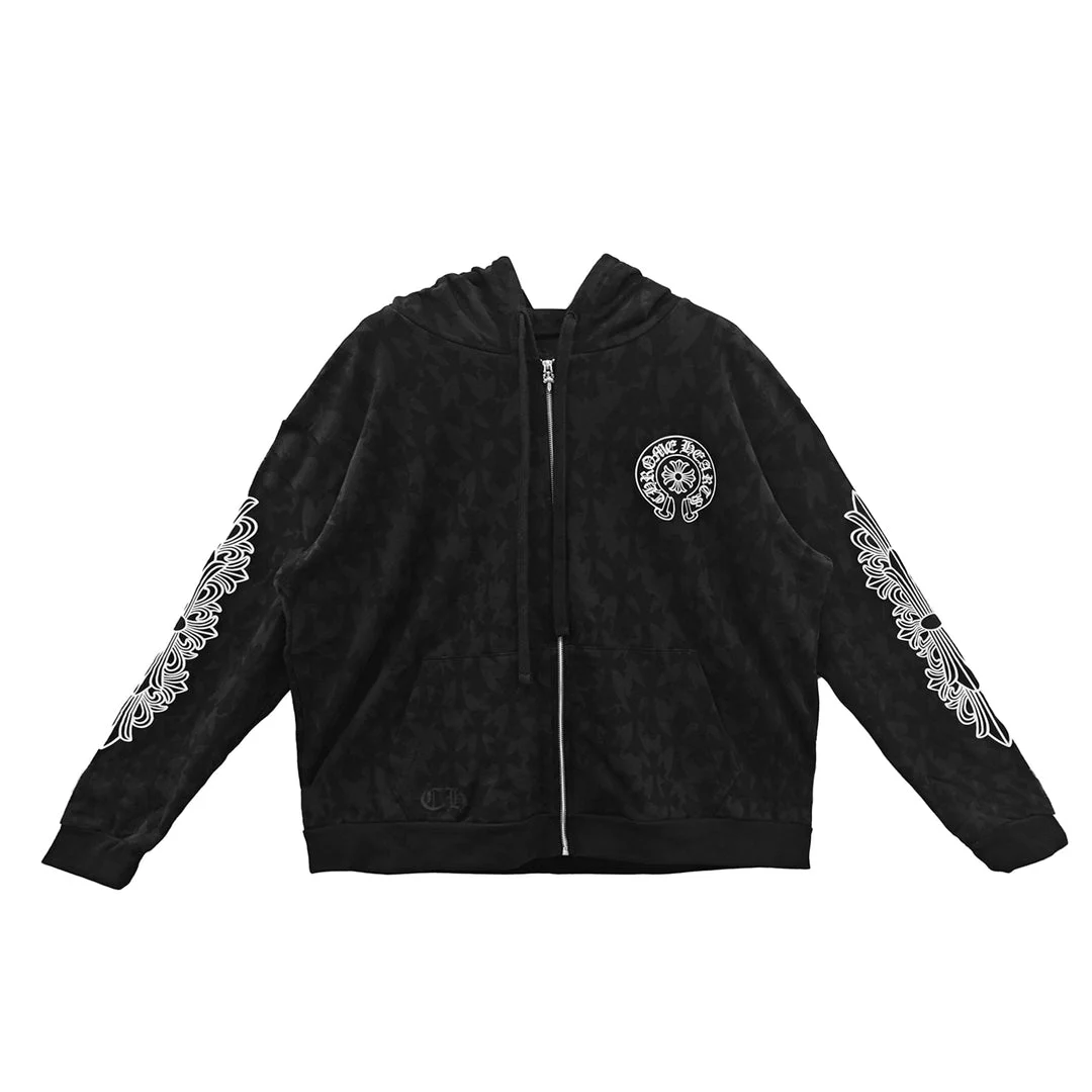 Chrome Hearts Black Tonal Monogram Scroll Horseshoe Logo Zip Up Hoodie Chrome Hearts Black Tonal Monogram Scroll Horseshoe Logo Zip Up Hoodie