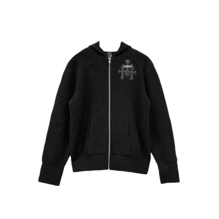 Black Cashmere Leather Cross Zip Up Hoodie Sweater