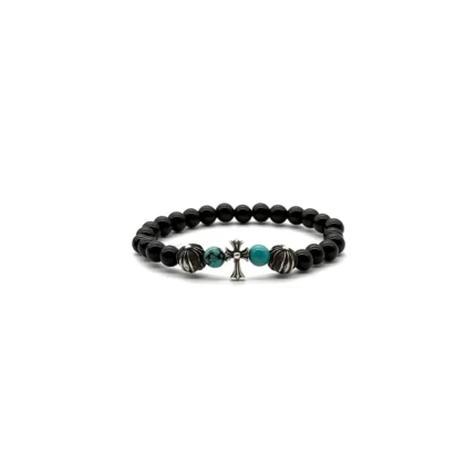 Chrome Hearts 6mm Obsidian Silver Cross Beaded Bracelet