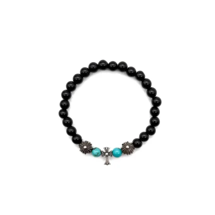 Chrome Hearts 6mm Obsidian Silver Cross Beaded Bracelet