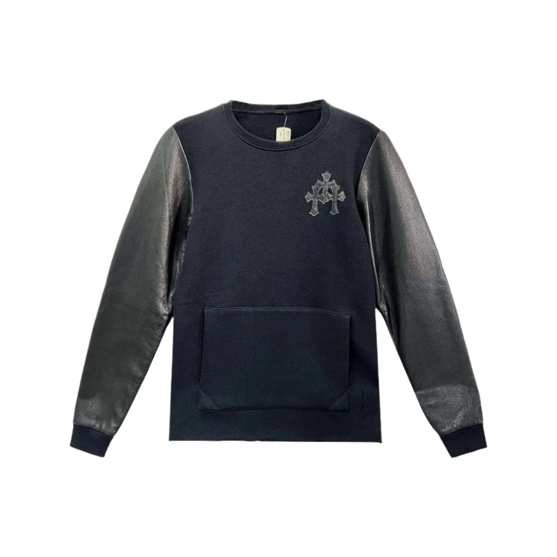 chrome-hearts-black-leather-cross-leather-sleeve-sweatshirt-134156.jpg Chrome Hearts Black Leather Cross Leather Sleeve Sweatshirt - Image 1