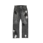 Chrome Hearts Black White Cross Patch Flame Knee Jeans