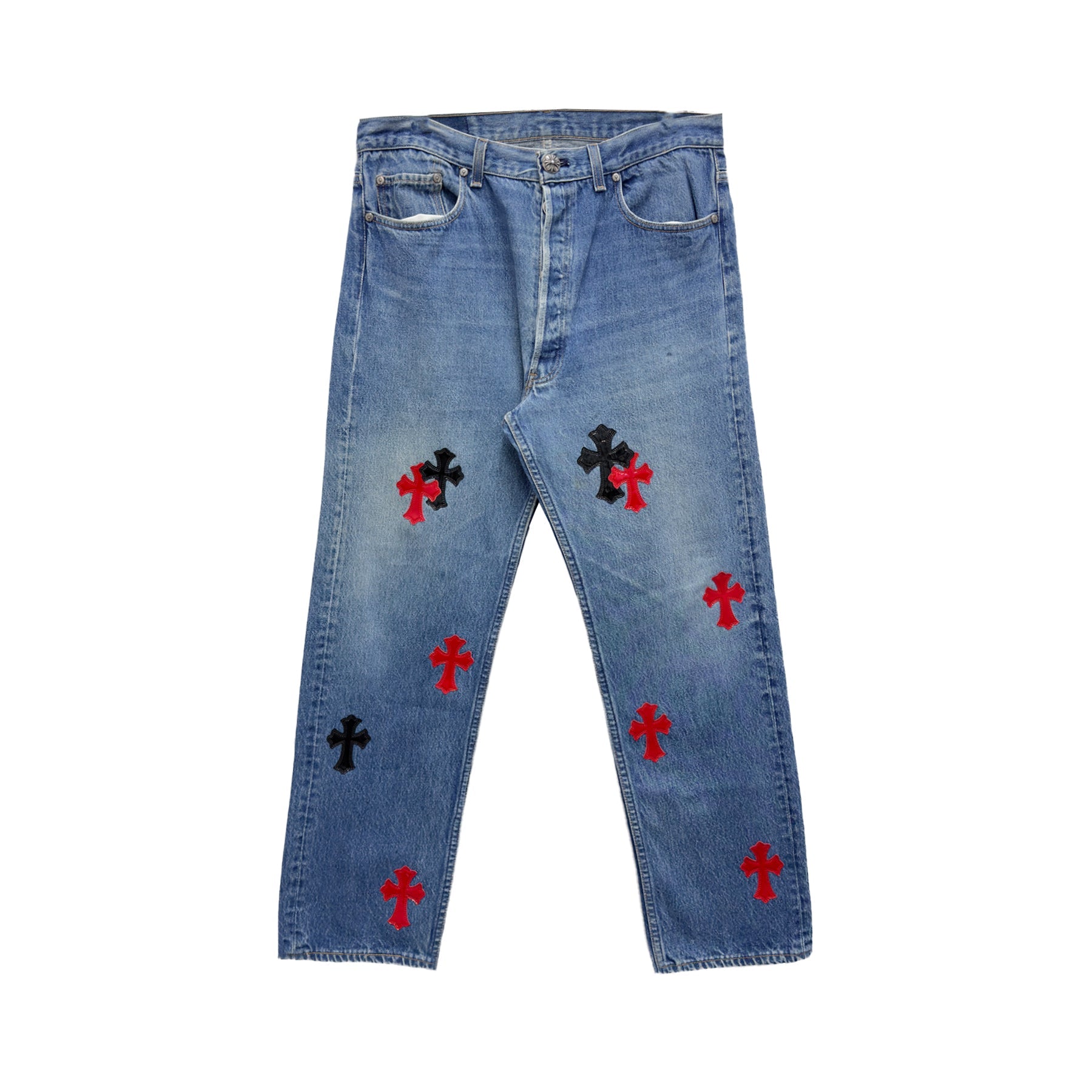 chrome-hearts-blackred-patent-cross-patches-jeans-9113493.jpg Chrome Hearts Black Red Patent Leather Cross Patches Jeans - Image 1