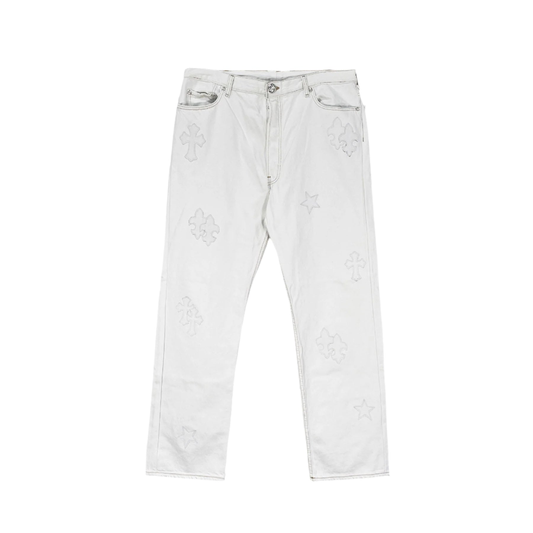 chrome-hearts-chrome-hearts-stbarth-exclusive-star-cross-leather-patch-denim-jeans-344878.jpg Chrome Hearts St.Barth Exclusive Star Cross Leather Patch Denim Jeans - Image 1
