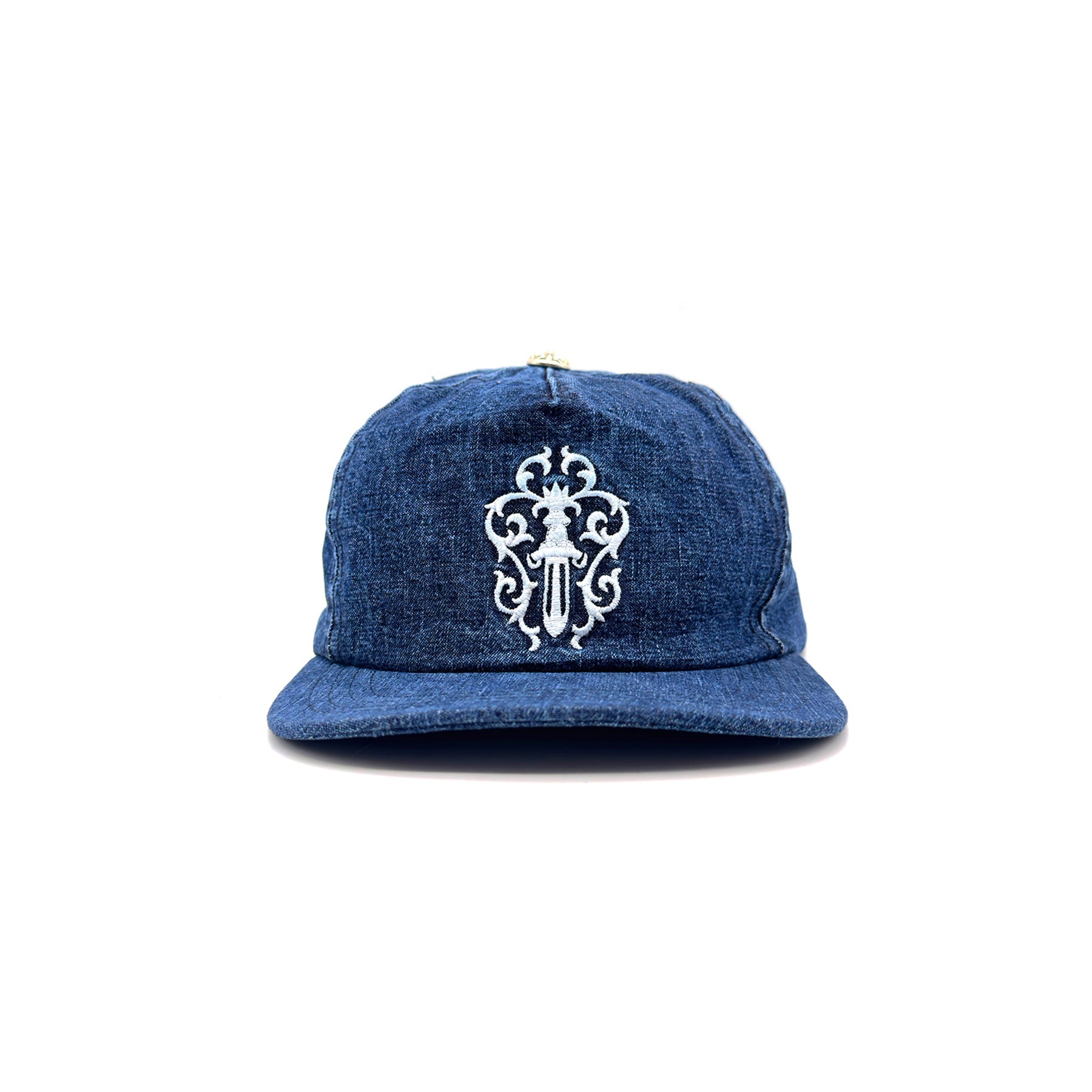 chrome-hearts-dagger-embroidered-silver-button-denim-cap-2444588.jpg Chrome Hearts Dagger Embroidered Silver Button Denim Cap - Image 1