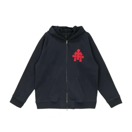 Chrome Hearts Dark Navy With Red Triple Cross Logo Zip Up Hoodie