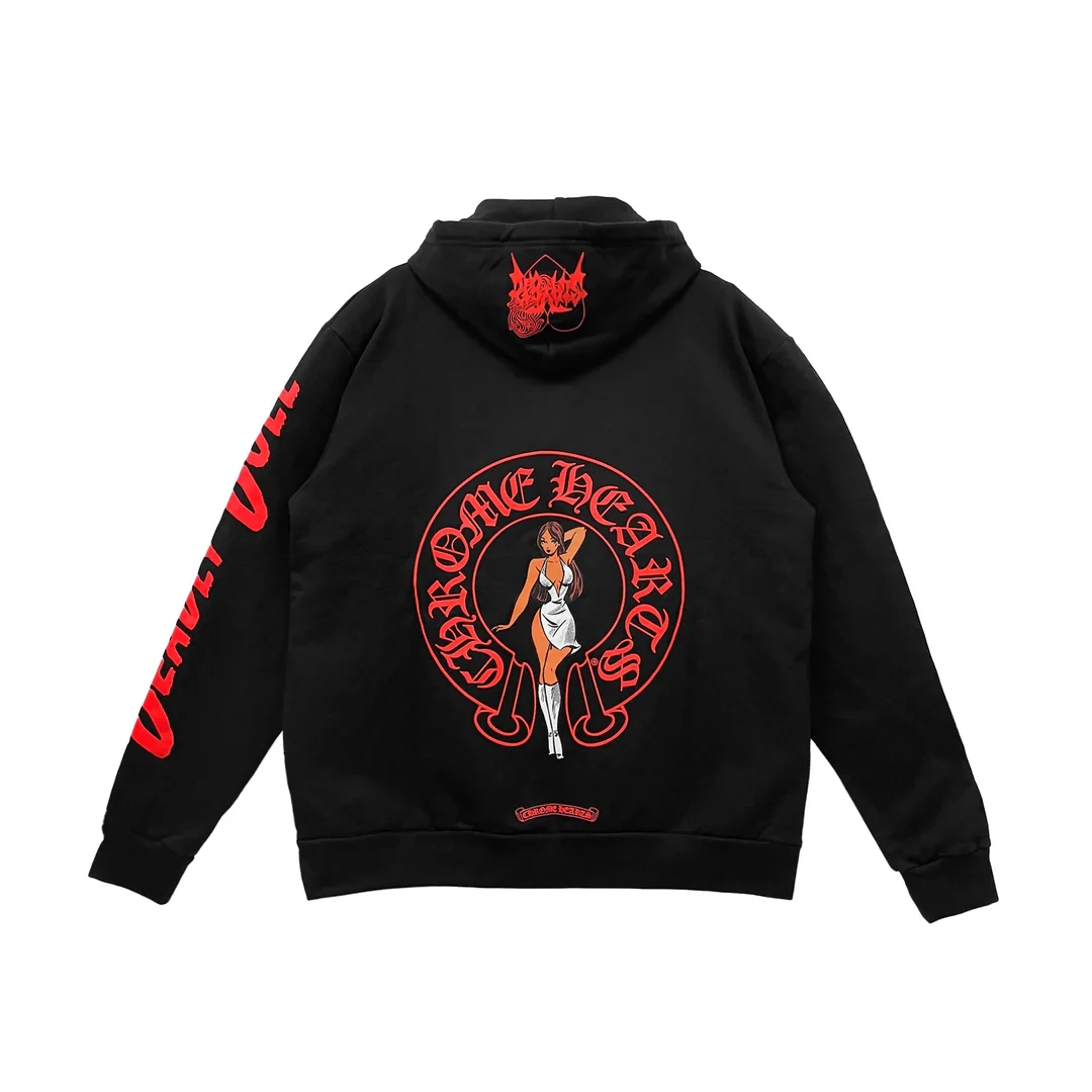 Chrome Hearts Deadly Doll Red Horseshoe Logo Pullover Hoodie Chrome Hearts Deadly Doll Red Horseshoe Logo Pullover Hoodie