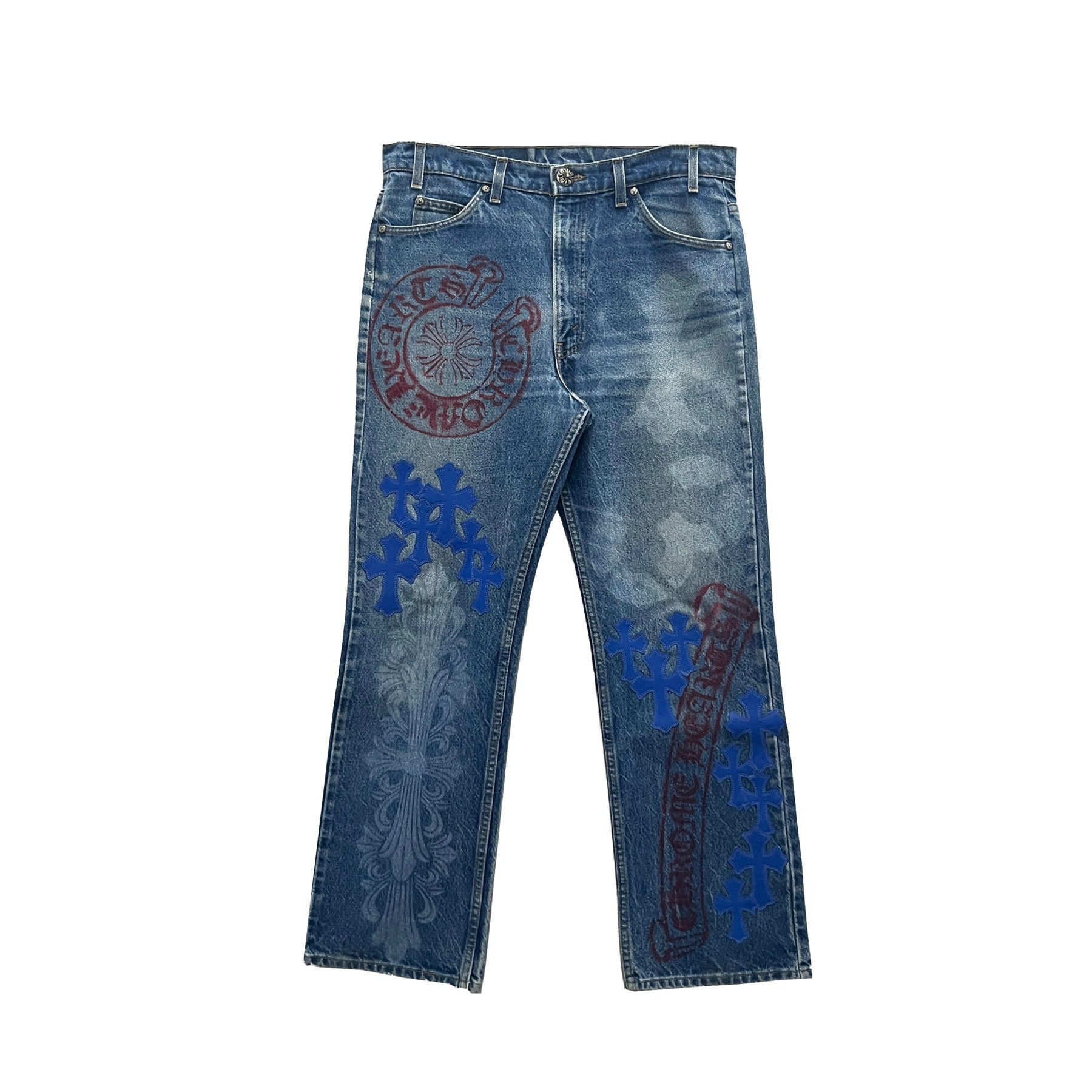 chrome-hearts-extremely-rare-blue-cross-patch-spraypainted-jeans-1198369.jpg Chrome Hearts Extremely Rare Blue Cross Patch Spraypainted Jeans - Image 1