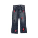 Chrome Hearts Grey Black Red Cross Patch Jeans
