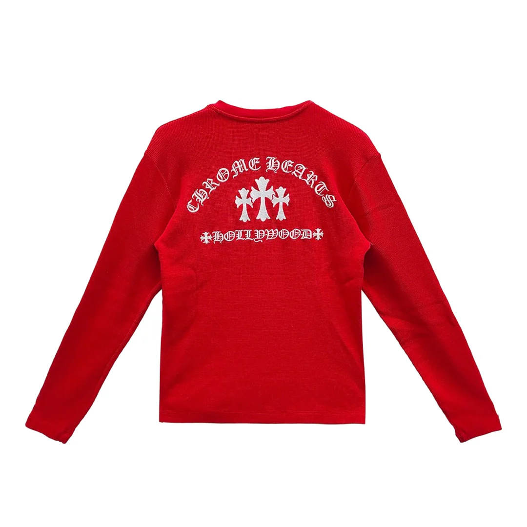 Chrome Hearts Henley Embroidered Thermal Red T-Shirt Tee Chrome Hearts Henley Embroidered Thermal Red T-Shirt Tee