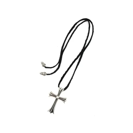 Chrome Hearts Leather Braids Silver Cross Necklace