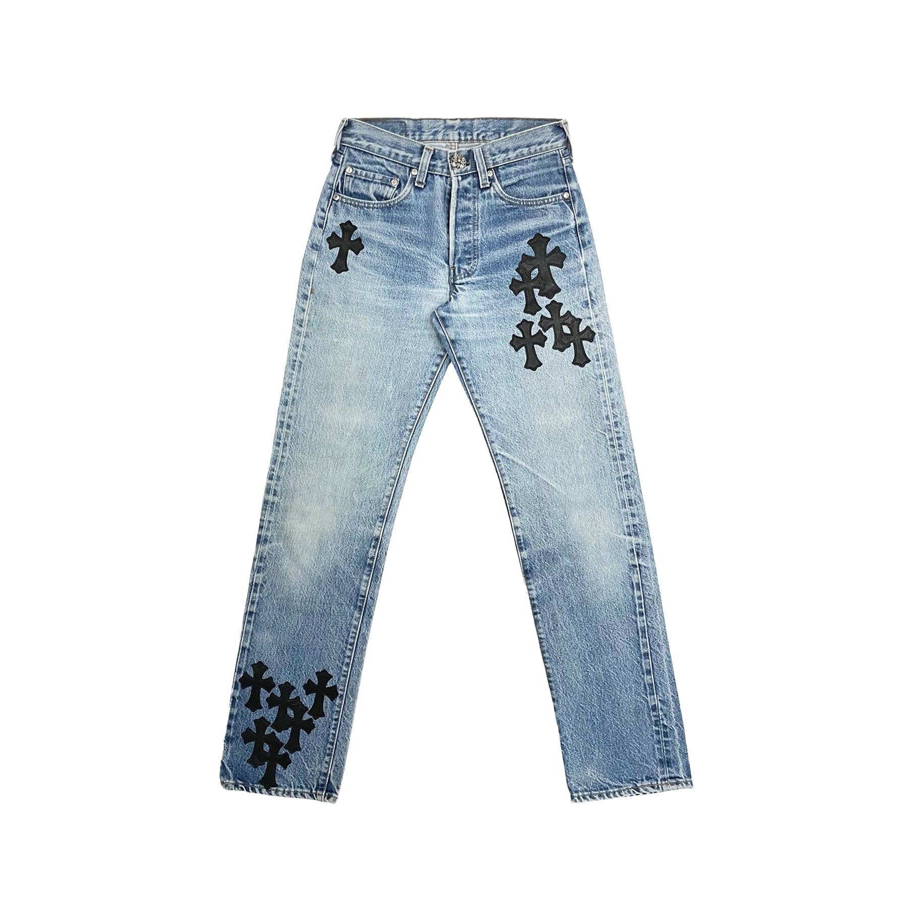 chrome-hearts-levis-501-black-cross-leather-patch-jeans-7224313.jpg Chrome Hearts Levi's 501 Black Cross Leather Patch Jeans - Image 1