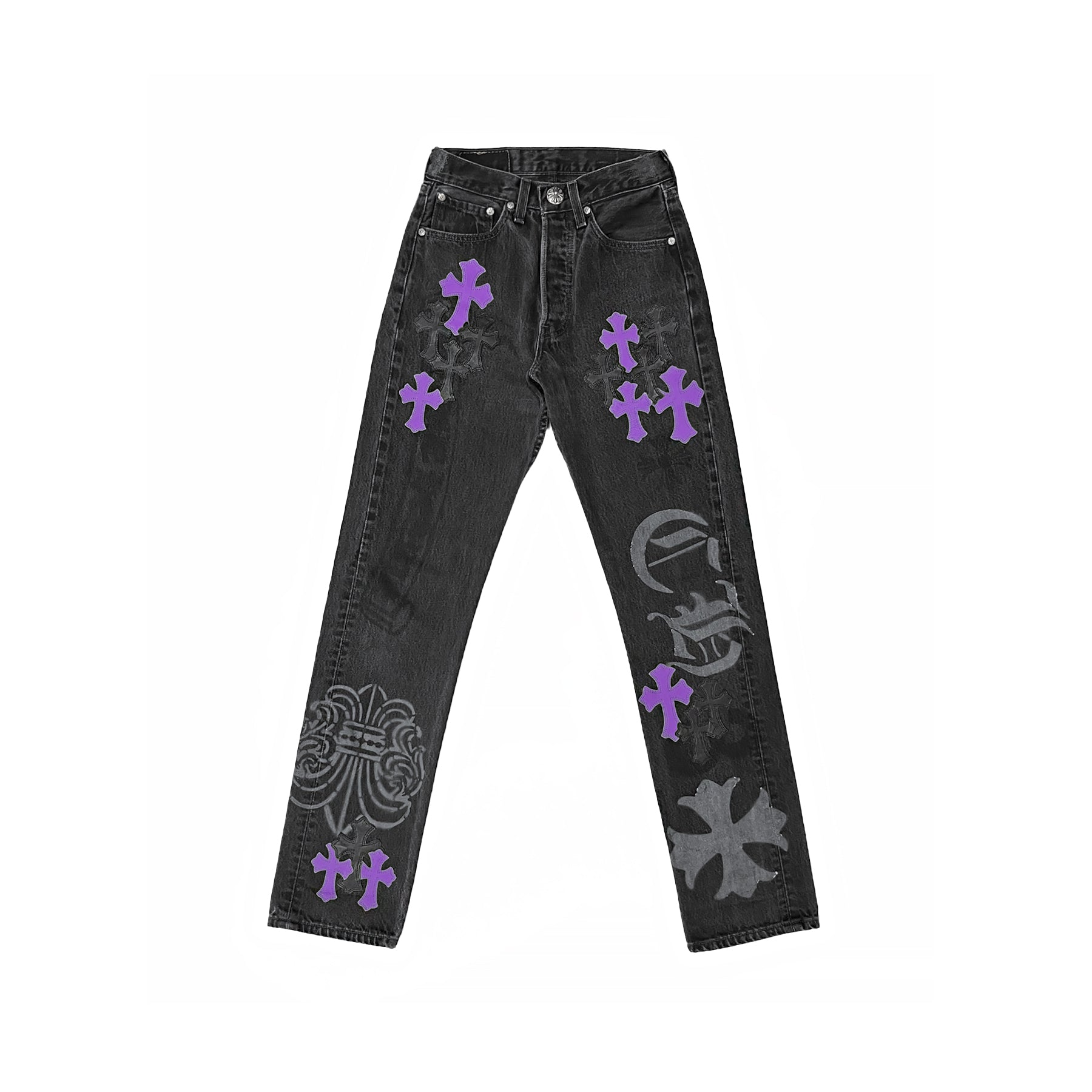chrome-hearts-levis-501-blackpurple-cross-patch-dark-grey-jeans-1818996.jpg Chrome Hearts Levi's 501 Black Purple Cross Patch Dark Grey Jeans - Image 1