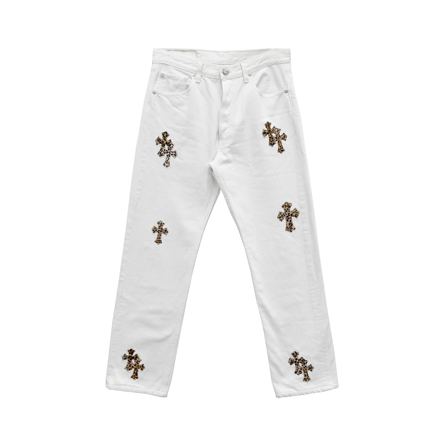 chrome-hearts-levis-501-leopard-cross-patch-white-jeans-8550545.jpg Chrome Hearts Levi's 501 Leopard Cross Patch White Jeans - Image 1