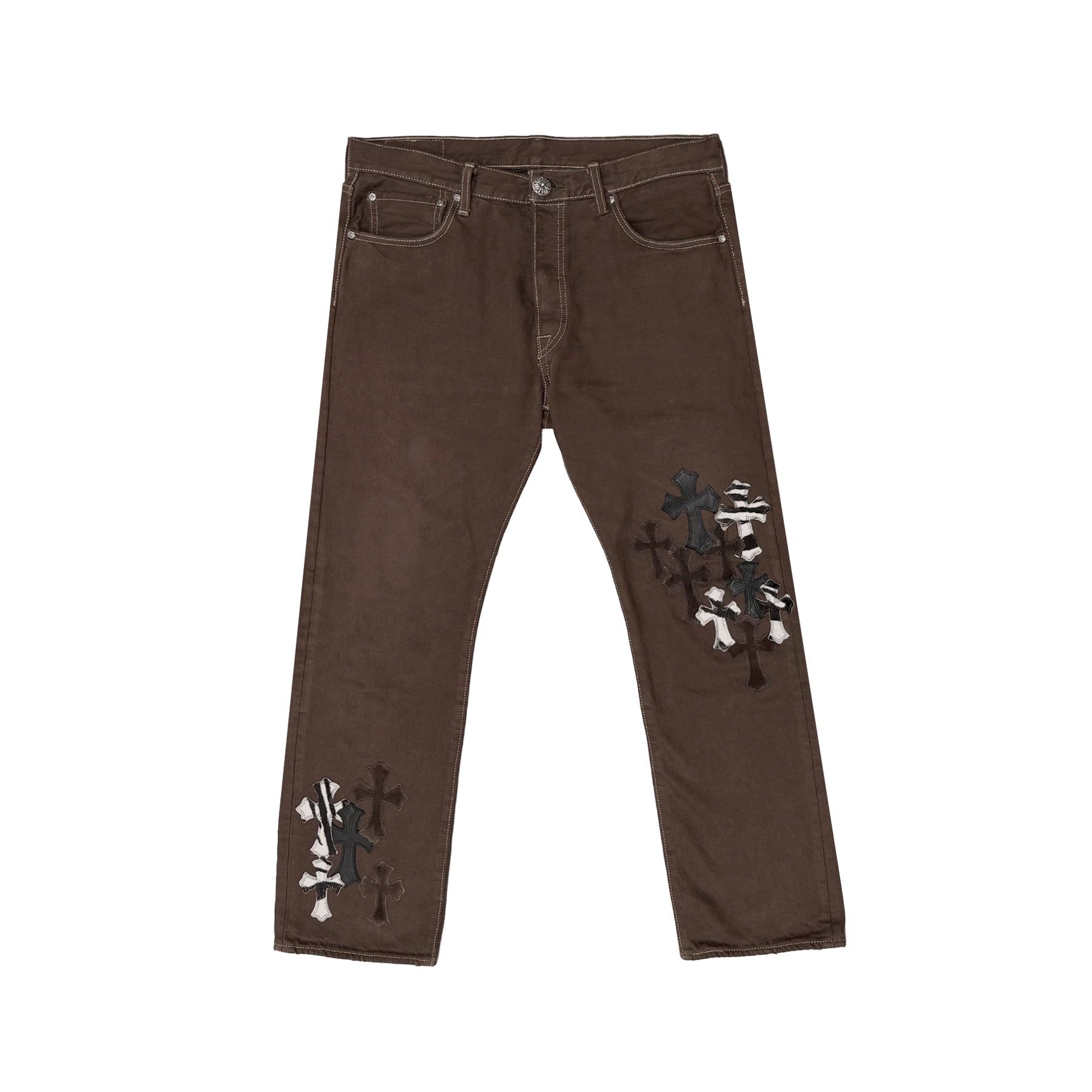 chrome-hearts-levis-501-zebra-black-cross-patch-brown-jeans-9777047.jpg Chrome Hearts Levi's 501 Zebra Black Cross Patch Brown Jeans - Image 1