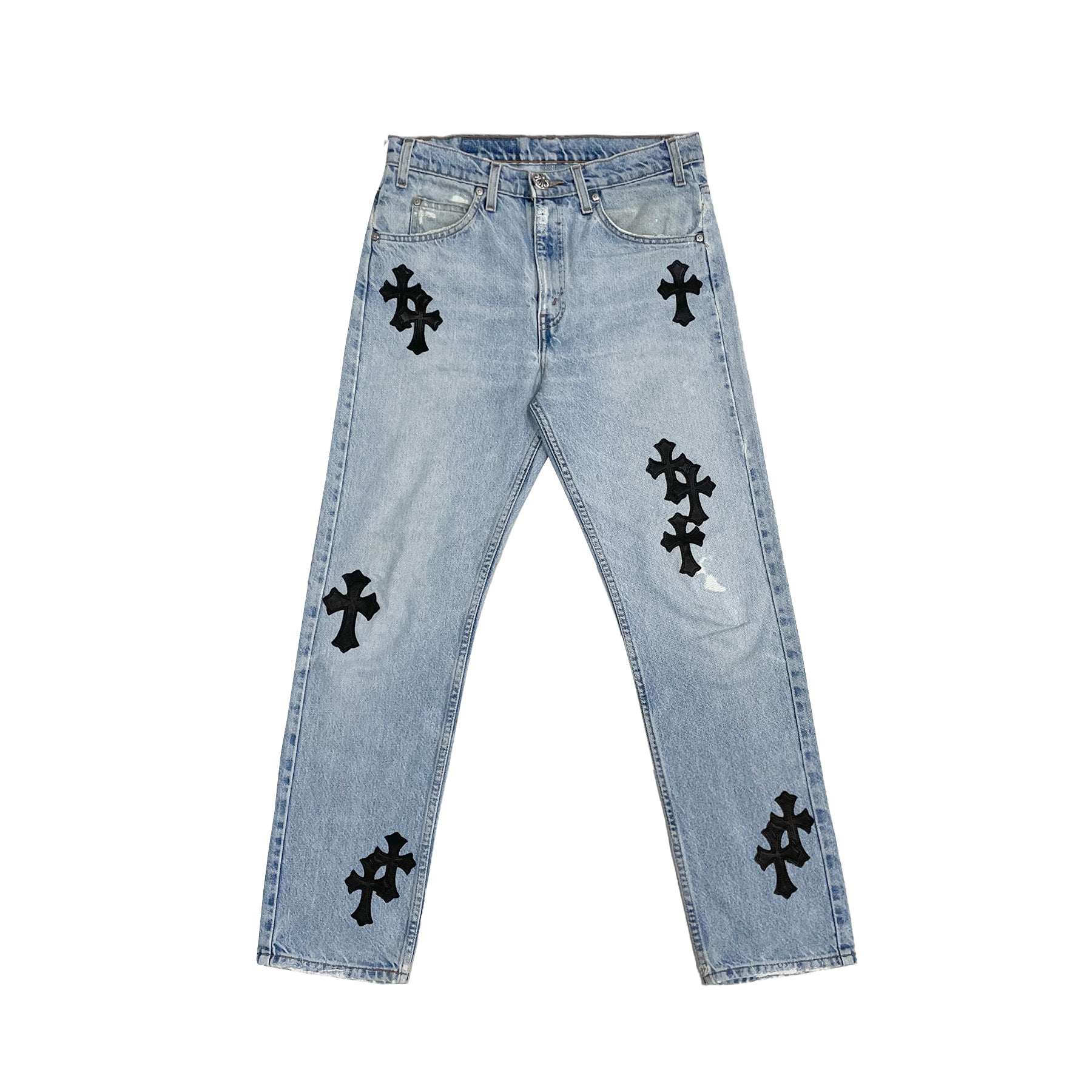 chrome-hearts-levis-505-black-cross-patch-light-blue-jeans-2295431.jpg Chrome Hearts Levi's 505 Black Cross Patch Light Blue Jeans - Image 1