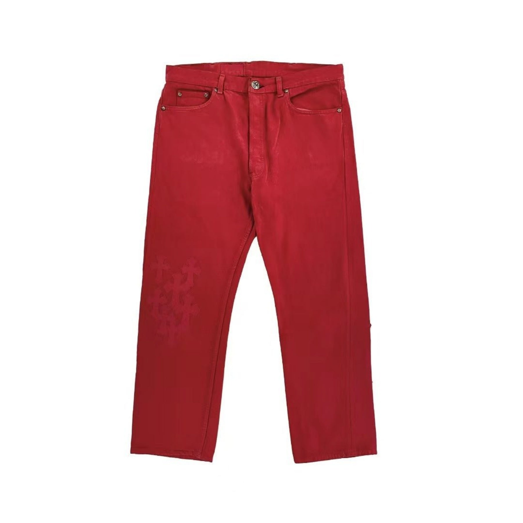 chrome-hearts-ny-limited-silver-button-red-cross-leather-patch-jeans-258256.jpg Chrome Hearts NY Exclusive Silver Button Red Cross Leather Patch Jeans - Image 1