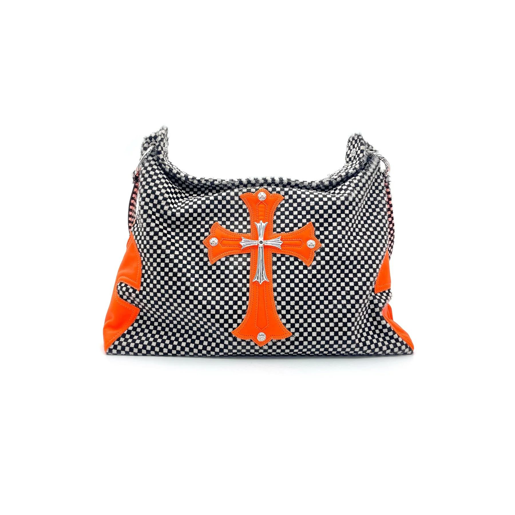 Chrome Hearts Orange Cross Patch Pony Hair Checkerboard Lyon Bag Chrome Hearts Orange Cross Patch Pony Hair Checkerboard Lyon Bag