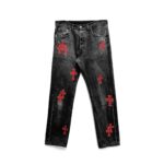 Chrome Hearts Red Leather Cross Patches Dark Grey Jeans