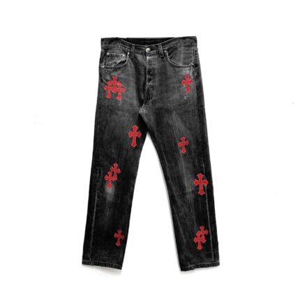 Chrome Hearts Red Leather Cross Patches Dark Grey Jeans