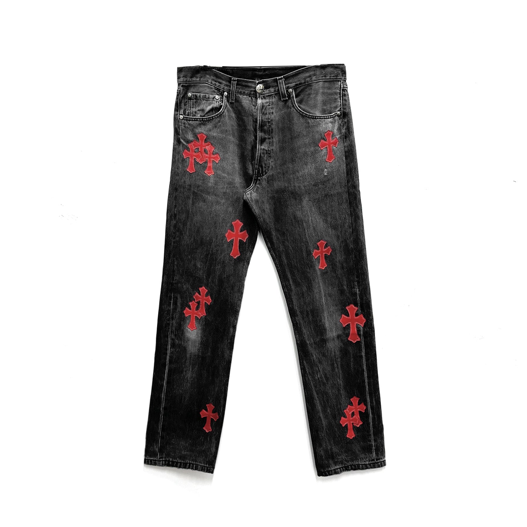 chrome-hearts-red-leather-cross-patches-dark-grey-jeans-5052629.jpg Chrome Hearts Red Leather Cross Patches Dark Grey Jeans - Image 1