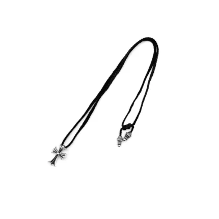 Chrome Hearts Silver Cross Leather Braids Necklace