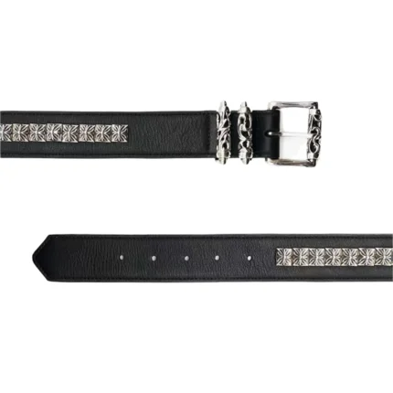 Chrome Hearts Silver Square Cross Black Leather Roller Belt