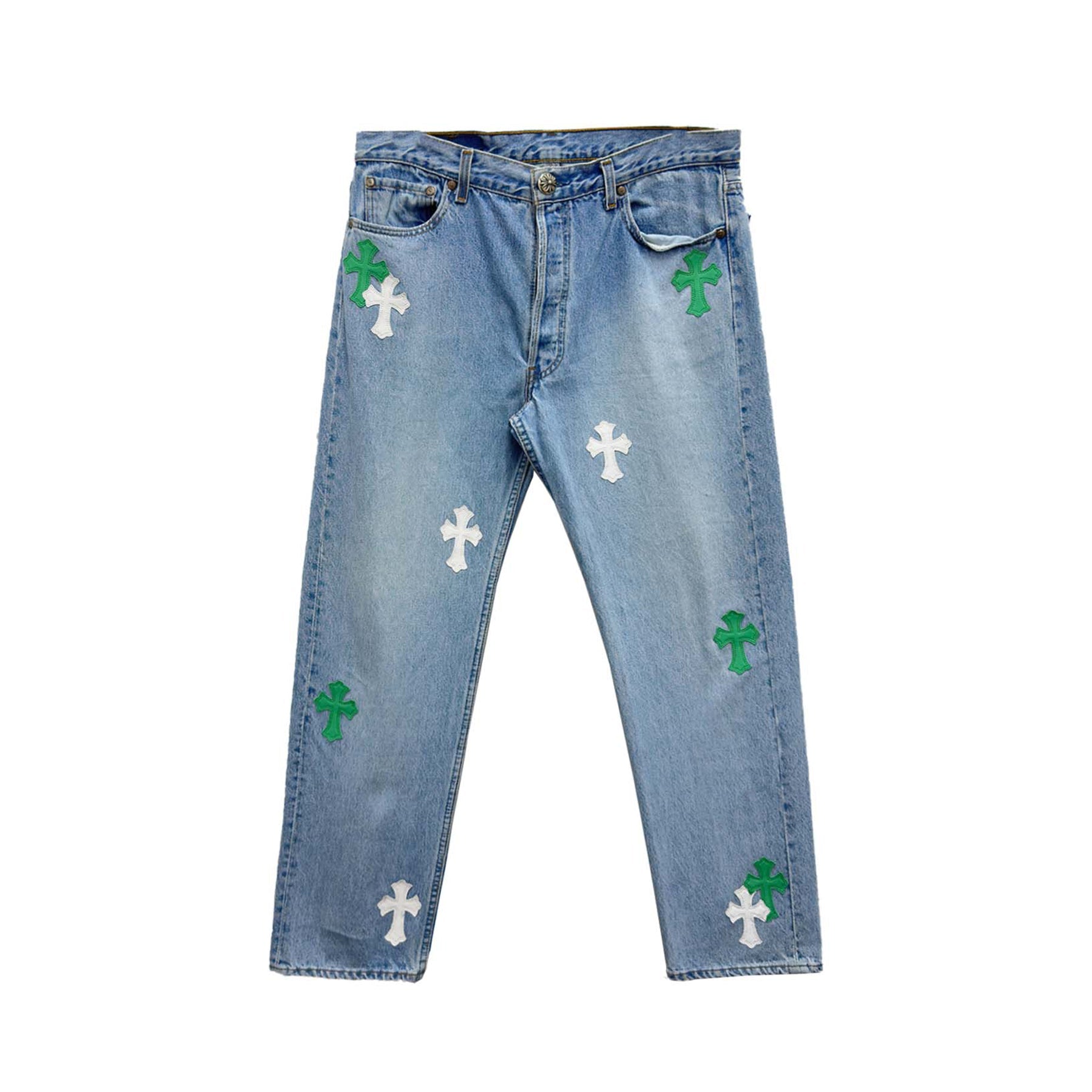 chrome-hearts-whitegreen-cross-patch-jeans-8228900.jpg Chrome Hearts White Green Cross Patch Jeans - Image 1