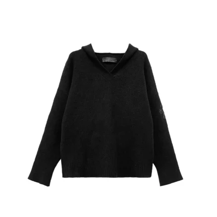 Black Pony Hair Patch Knit Hoodie